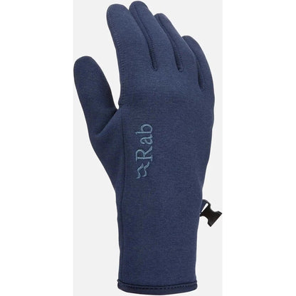 A close-up of the Rab Women's Geon Gloves in Black/Steel Marl, showing the logo and a small pull tab on the wrist, against a plain white background.