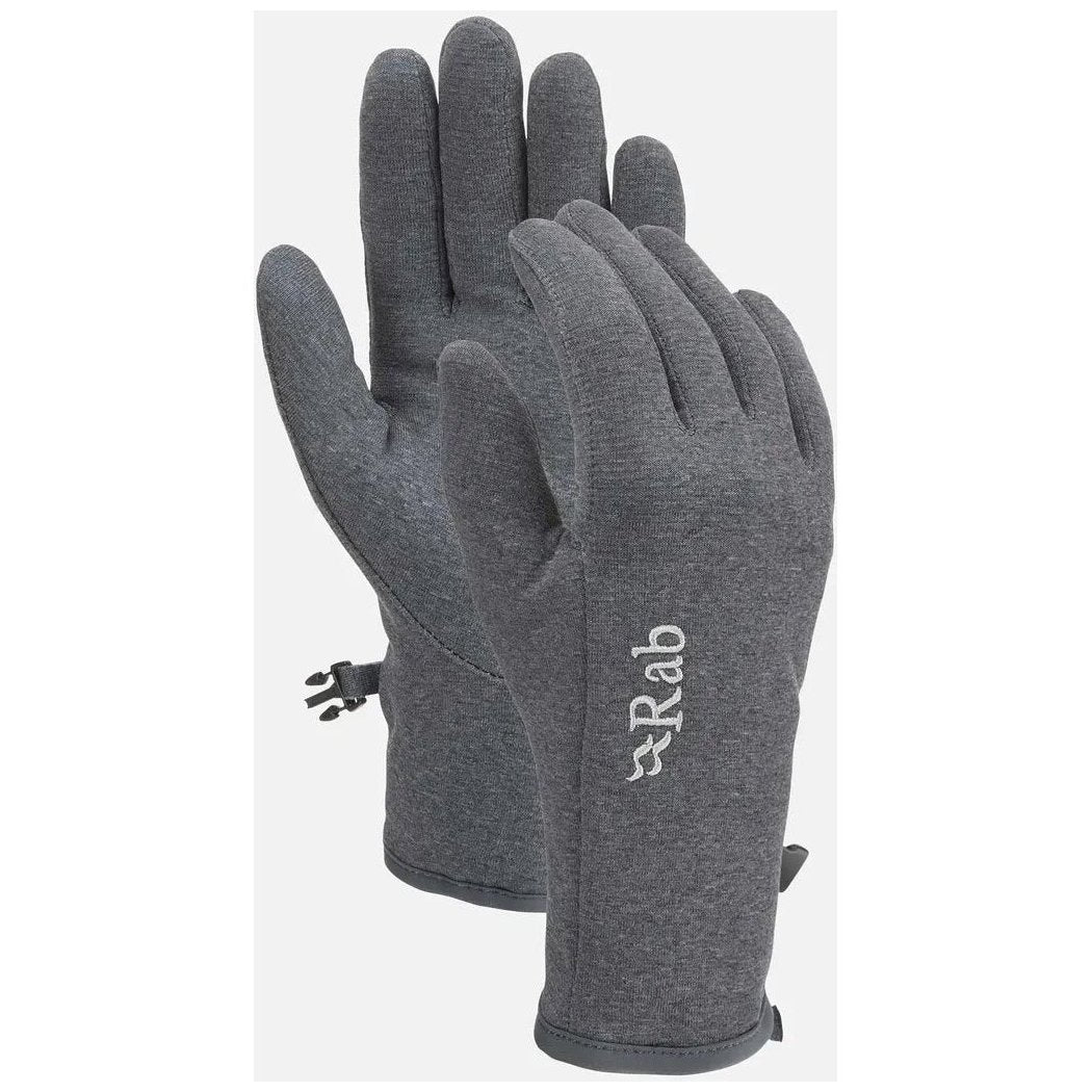 Side view of the Rab Women's Geon Gloves in Black/Steel Marl showing the logo and adjustable wrist strap against a white background.