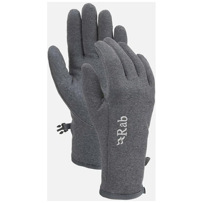 Side view of the Rab Women's Geon Gloves in Black/Steel Marl showing the logo and adjustable wrist strap against a white background.