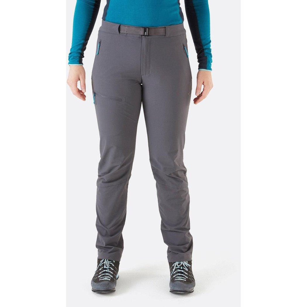 A front view of the Rab Women's Incline AS Pants in Graphene showing the belt and pockets against a white background.