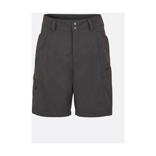 Side view of the Rab Women's Incline Light Shorts in Anthracite showing the front pockets and button closure against a white background.