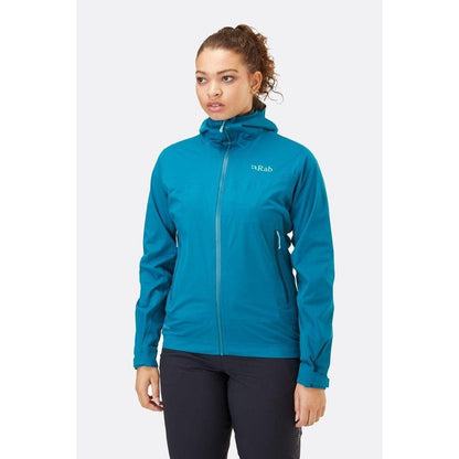 A front view of the Rab Women's Kinetic 2.0 Jacket in Ultramarine on a model wearing black pants against a plain white background.