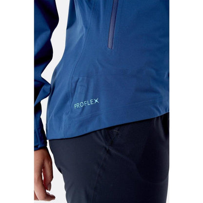 Side view of the Rab Women's Kinetic 2.0 Jacket in Ultramarine showing the front zipper and Proflex logo on the lower back.