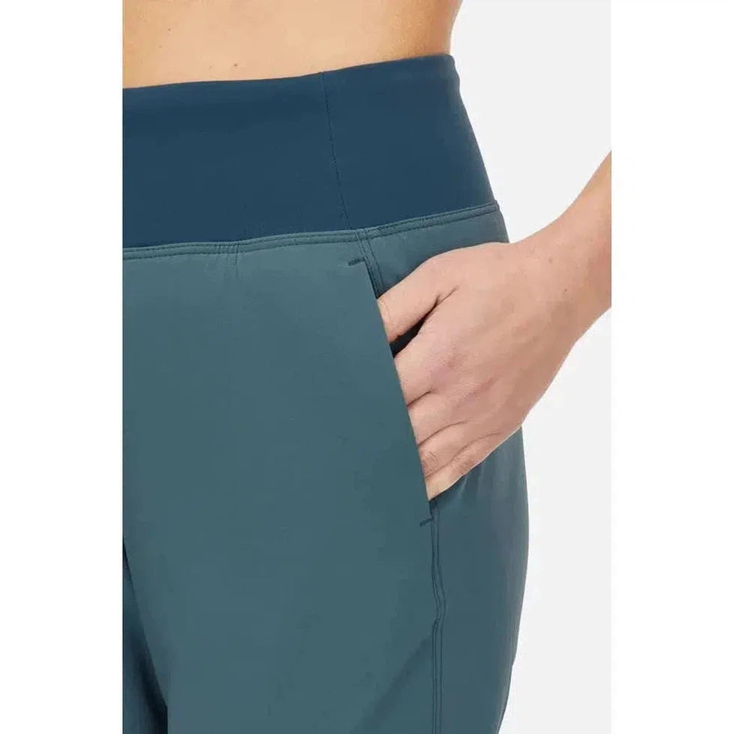 Side view of the Rab Women's Momentum Pants in Beluga showing the side pocket and model hand against a white background.