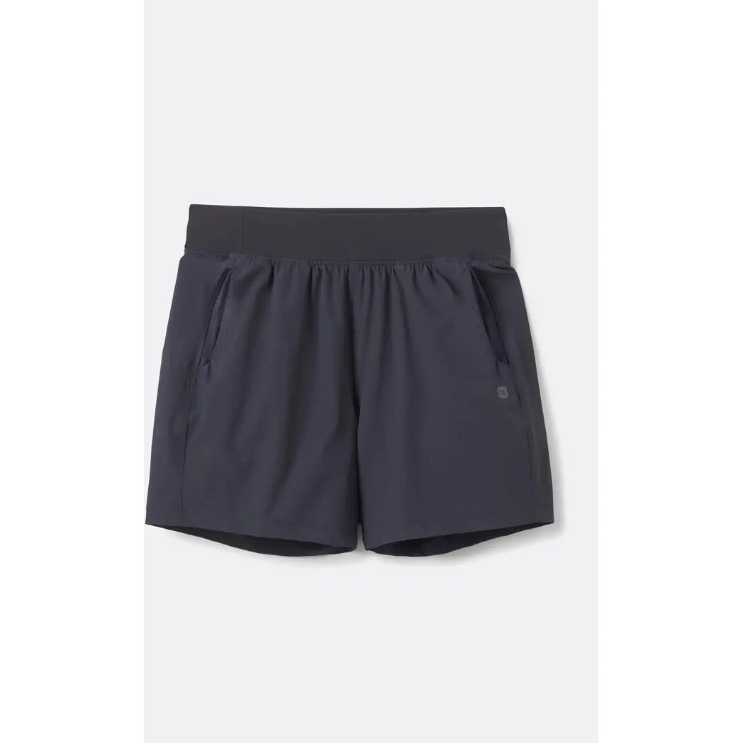 Side view of the Rab Women's Momentum Shorts in Beluga showing the elastic waistband and side pockets against a white background.