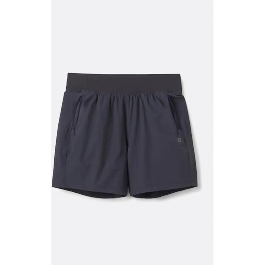Side view of the Rab Women's Momentum Shorts in Beluga showing the elastic waistband and side pockets against a white background.