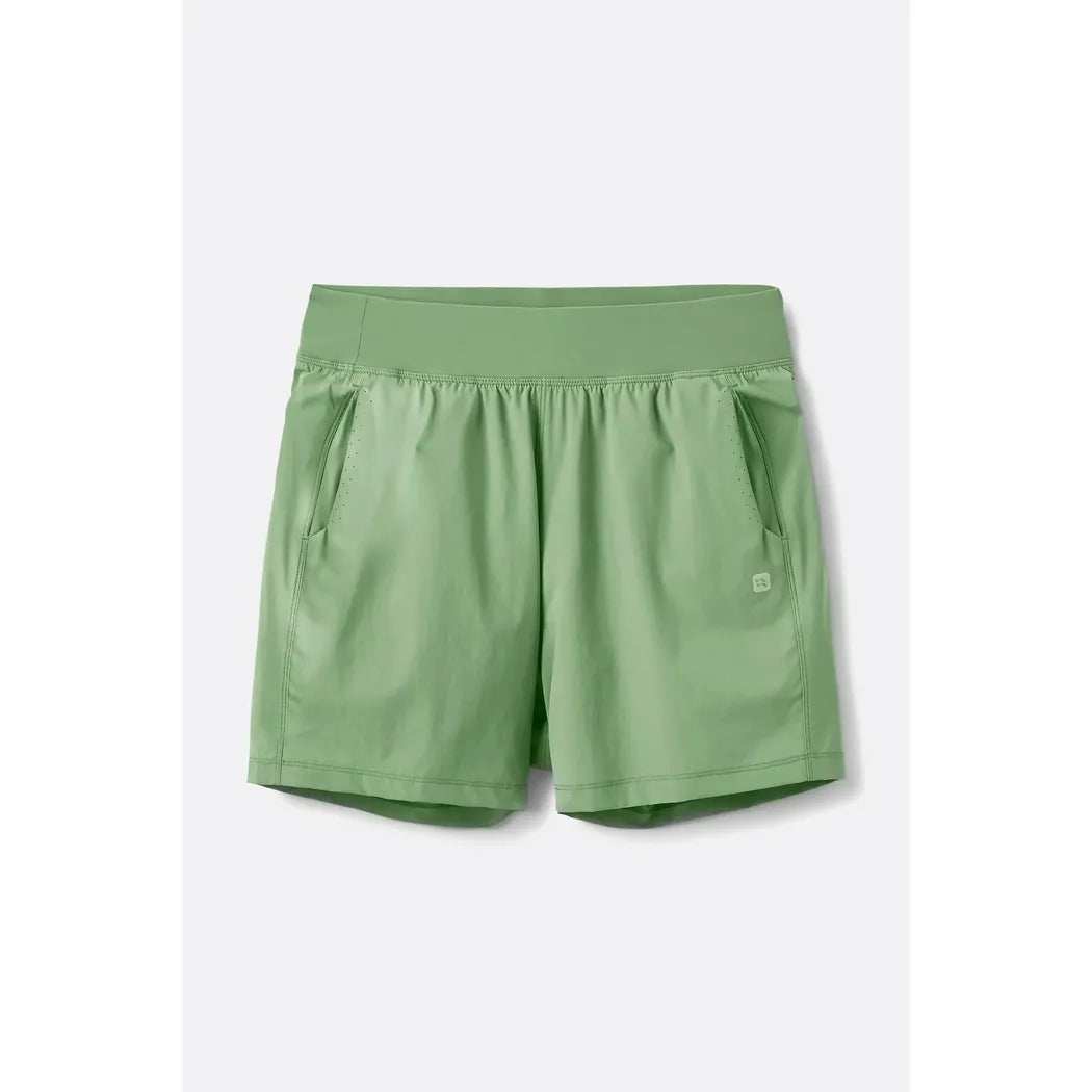 Side view of the Rab Women's Momentum Shorts in Beluga showing the elastic waistband and side pockets against a white background.