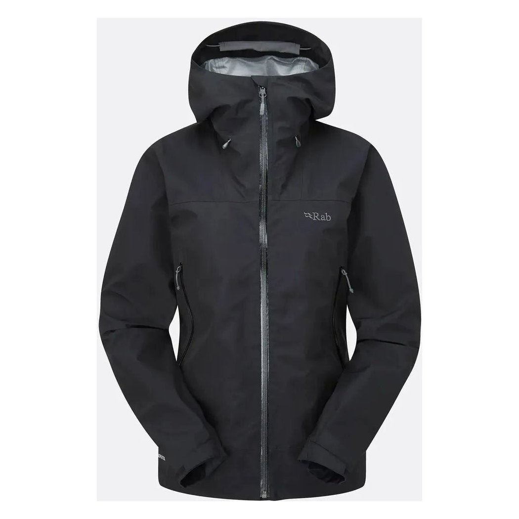 A front view of the Rab Women's Namche GTX Jacket in Black with a hood and zipper, against a plain white background.