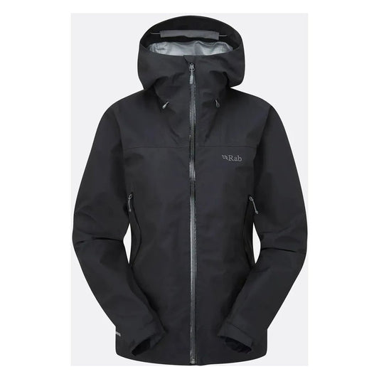 A front view of the Rab Women's Namche GTX Jacket in Black with a hood and zipper, against a plain white background.