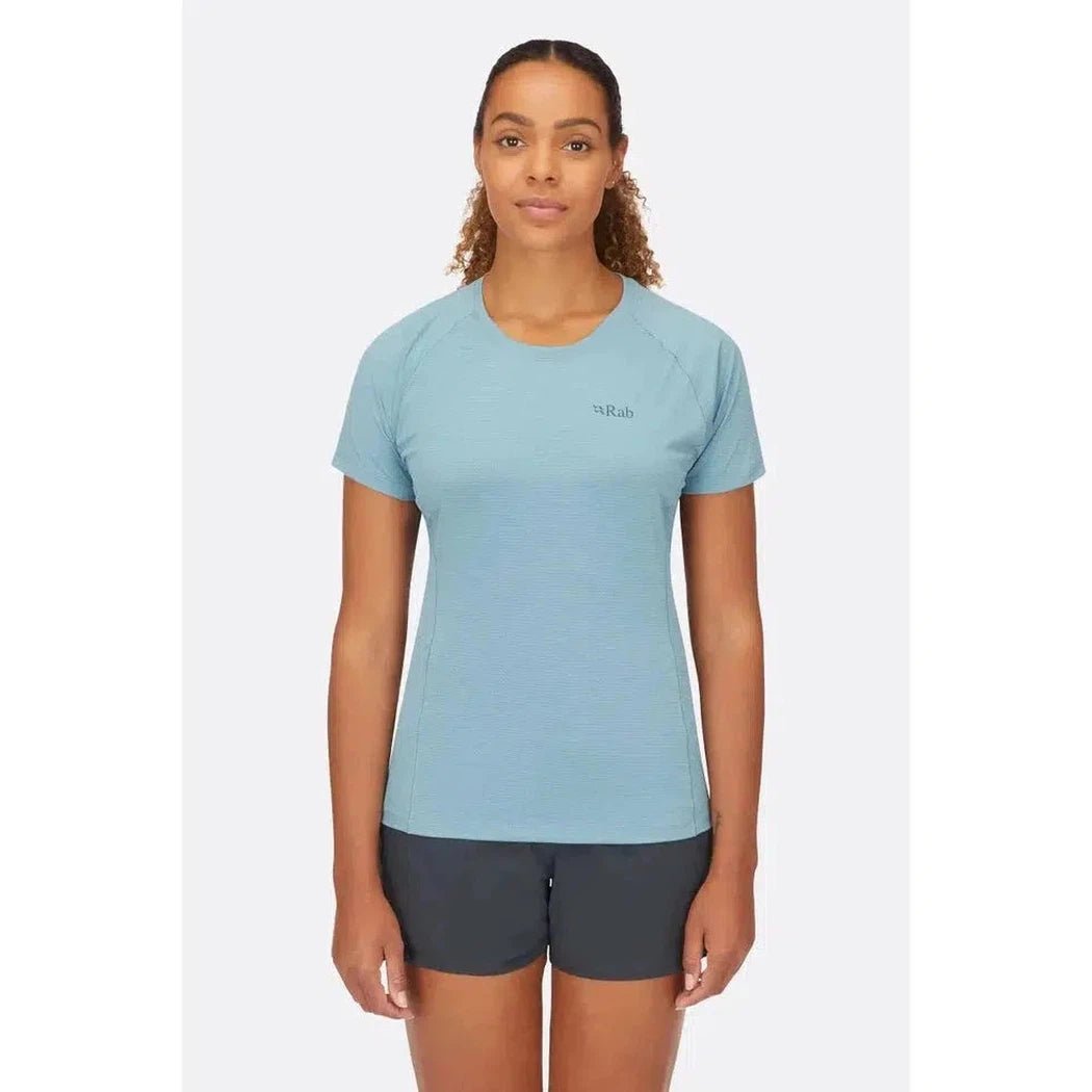 A front view of the Rab Women's Sonic Tee in Citadel color on a model against a plain white background.