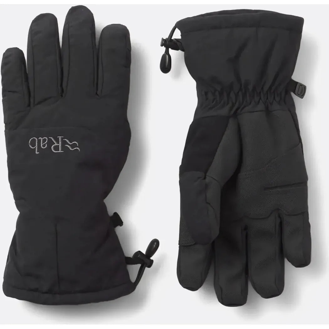 Side view of the Rab Women's Storm Gloves in Black showing the elastic cuff and pull tab against a white background.