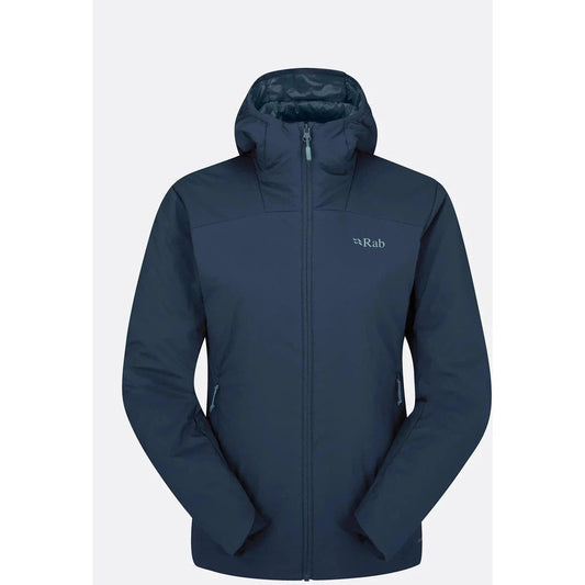 A front view of the Rab Women's Xenair Alpine Light Jacket in Black with a hood and zip closure against a plain background.