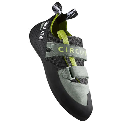 A side view of the Red Chili Women's Circuit LV climbing shoe in Seaweed with a gray strap and black sole against a white background.