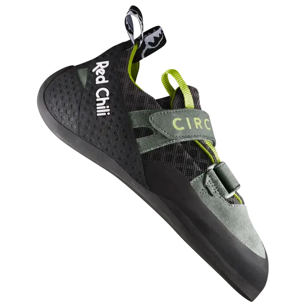 A side view of the Red Chili Women's Circuit LV climbing shoe in Seaweed color with a green strap and buckle, against a white background.