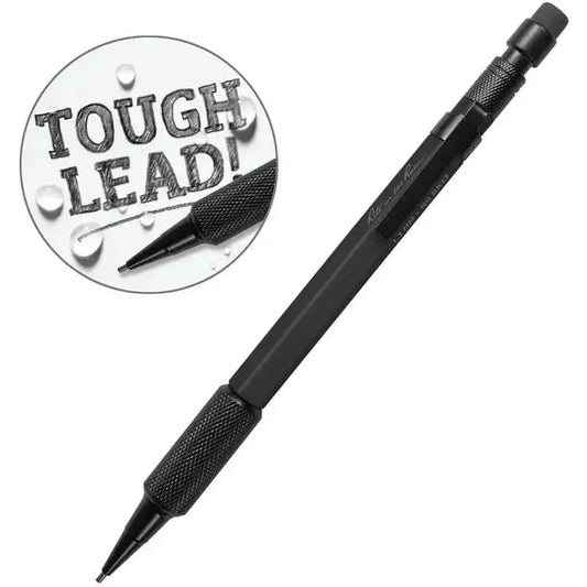 A black Rite in the Rain 1.3mm Mechanical Clicker Pencil shown from a side angle with a "Tough Lead!" graphic.