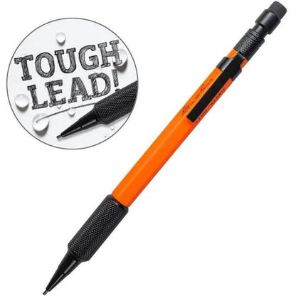 A side view of the Rite in the Rain 1.3mm Mechanical Clicker Pencil in Black with a textured grip and an inset showing "Tough Lead!" text.