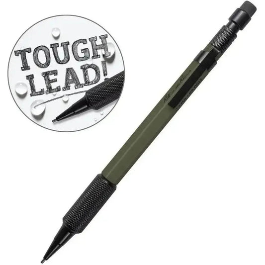 A side view of the Rite in the Rain 1.3mm Mechanical Clicker Pencil in Black with a "Tough Lead!" graphic.