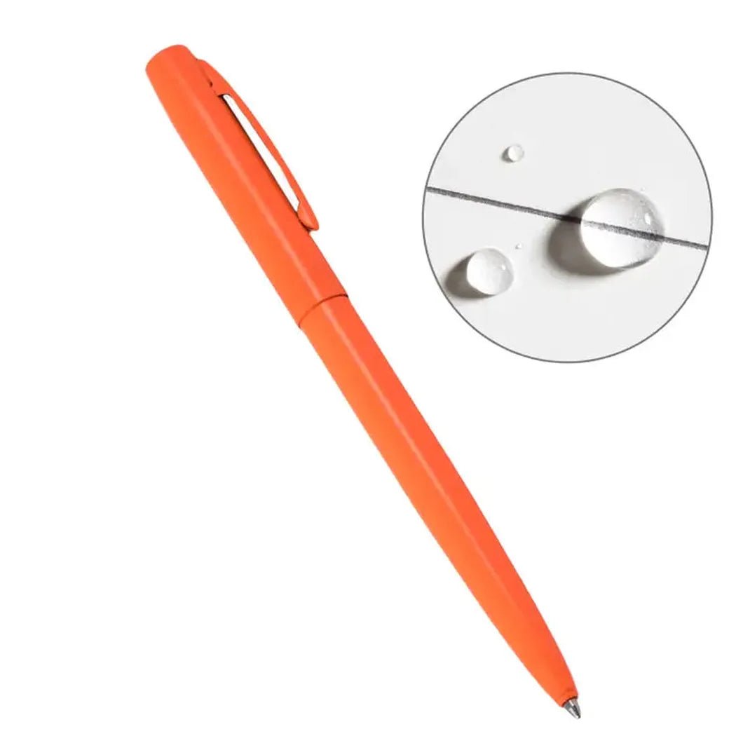 A side view of the Rite in the Rain All-Weather Metal Pen in Black showing the clip and a close-up of water droplets on the surface.