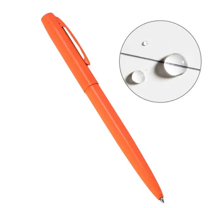 A side view of the Rite in the Rain All-Weather Metal Pen in Black showing the clip and a close-up of water droplets on the surface.