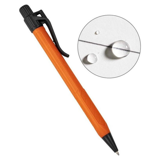 A side view of the Rite in the Rain Click Action Pen in Orange showing the clip and a close up of water droplets on the tip against a white background.