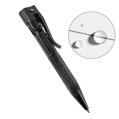 A black Rite in the Rain Mini Bolt-Action Pen shown from a side angle with a close-up of water droplets on the tip.