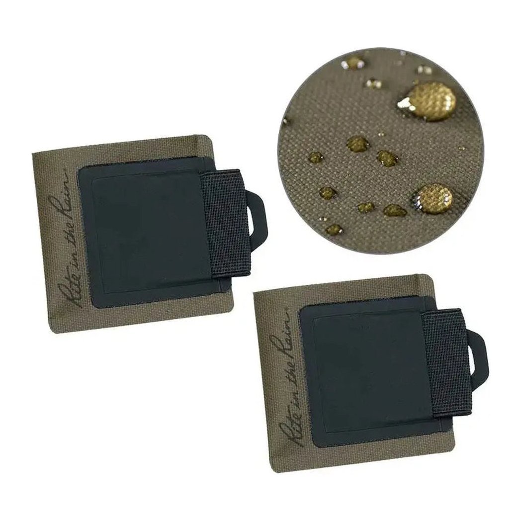 Two Rite in the Rain Monsoon Pen Holsters in Dark Green with a close-up of water droplets on the fabric.