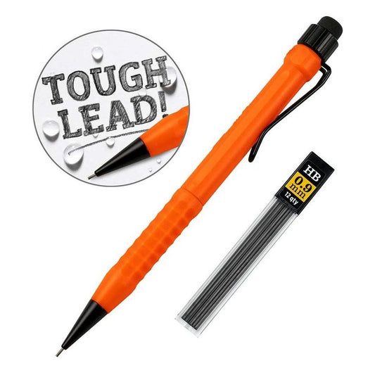 An orange Rite in the Rain Precision TWIST Pencil with a black tip and clip, next to a pack of 0.9mm HB lead, shown from a side angle against a white background.