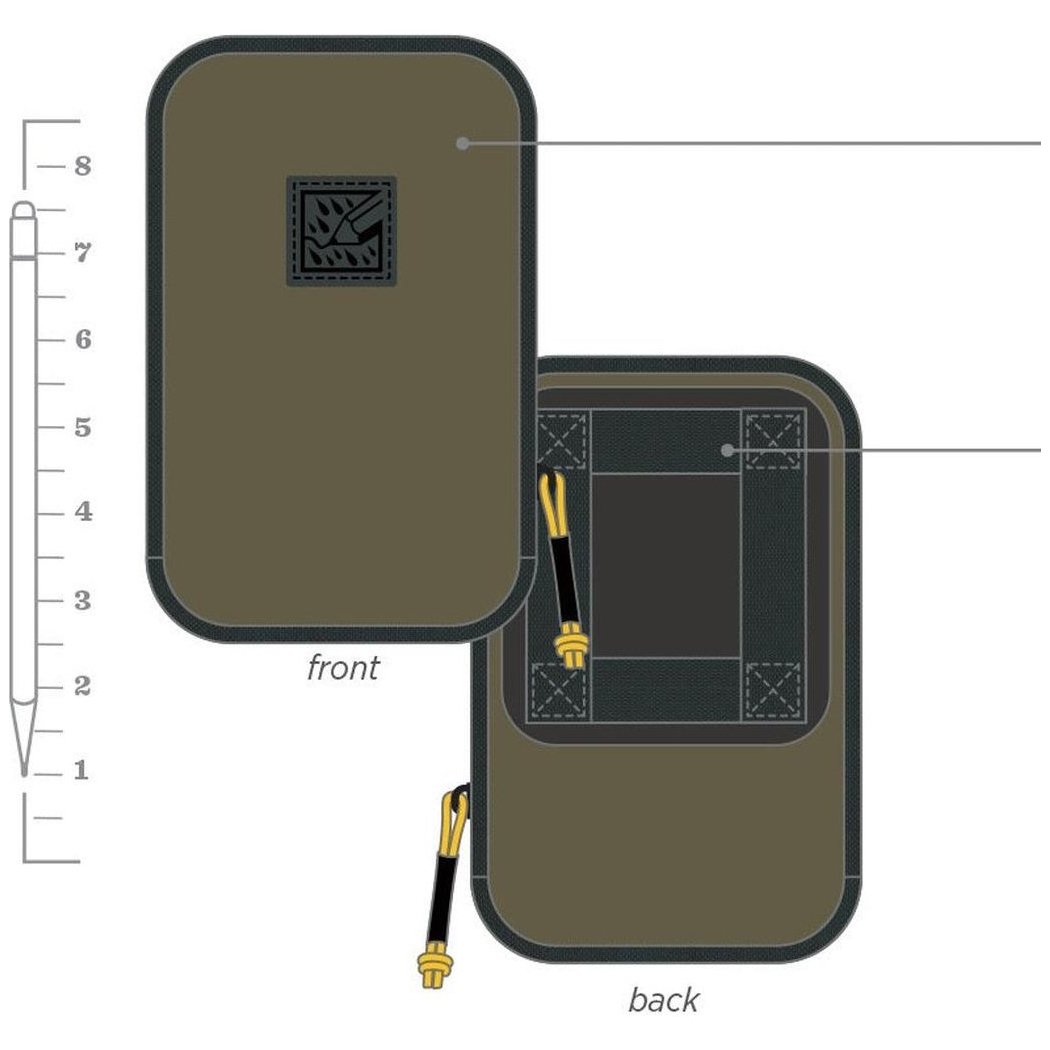 The Rite in the Rain Rain Shadow Utility Pouch in Dark Green is shown from front and back with a ruler on the left.
