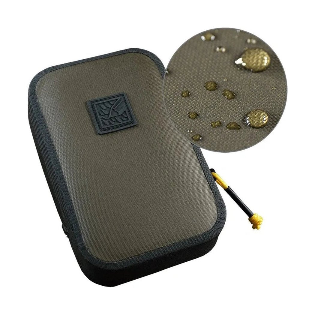 Side view of the Rite in the Rain Rain Shadow Utility Pouch in Dark Green showing the waterproof material close-up and a yellow zipper pull.