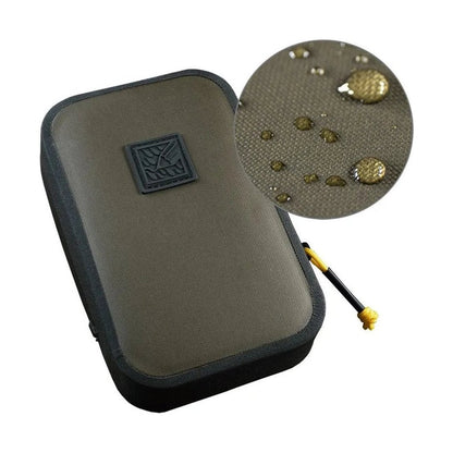 Side view of the Rite in the Rain Rain Shadow Utility Pouch in Dark Green showing the waterproof material close-up and a yellow zipper pull.