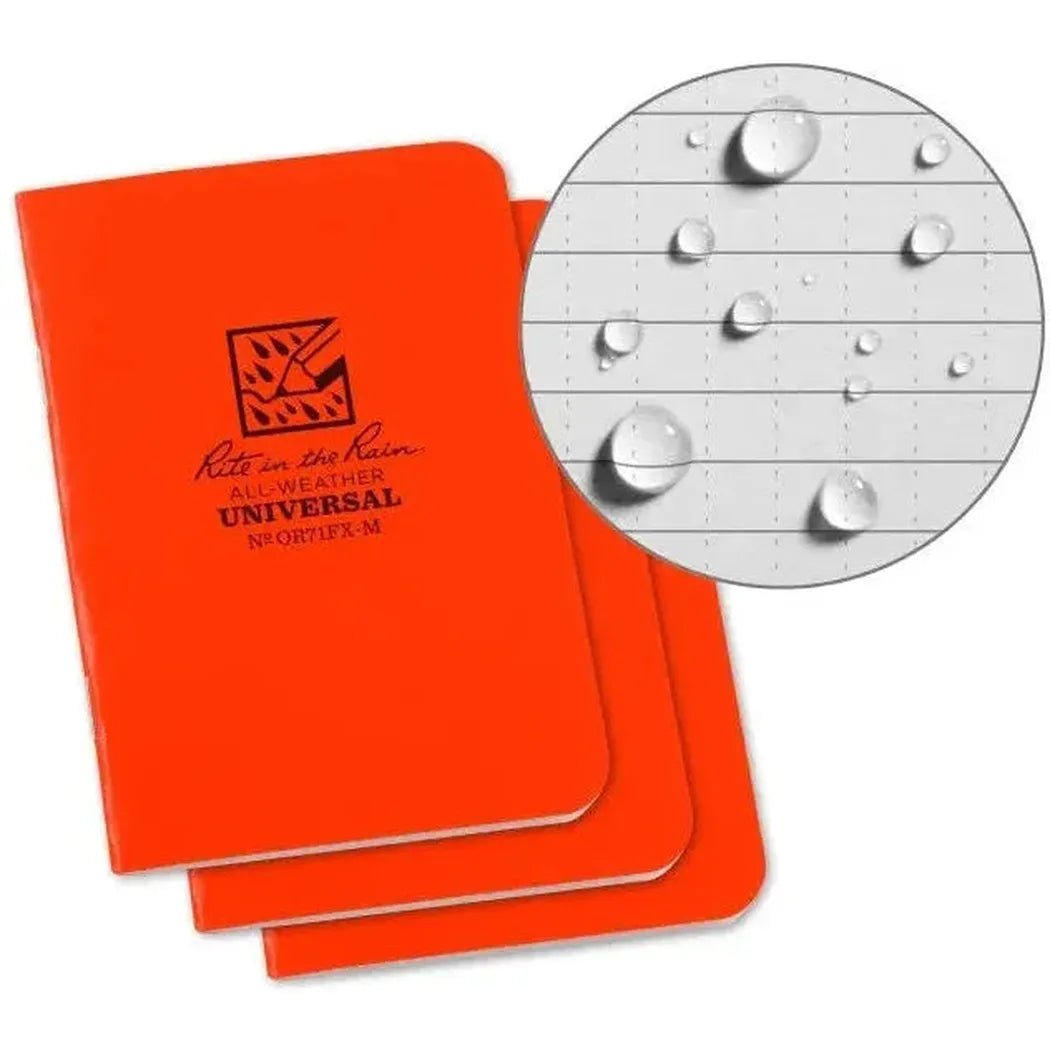 Three orange Rite in the Rain all - weather notebooks stacked with a close - up showing water droplets on the lined pages.
