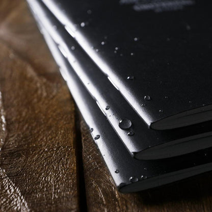 Close-up of three black Rite in the Rain notebooks stacked on a brown leather surface with water droplets visible.