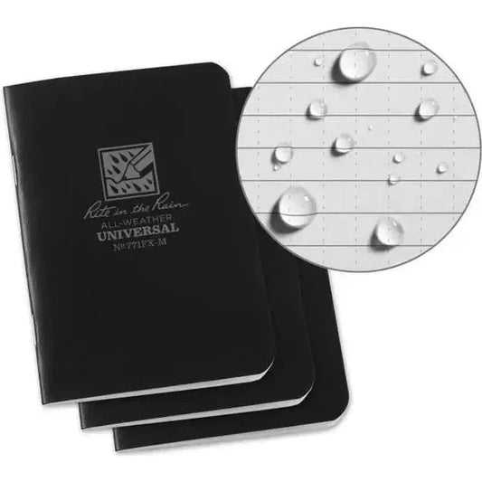 Black Rite in the Rain notebooks stacked with a close up of water droplets on the paper.
