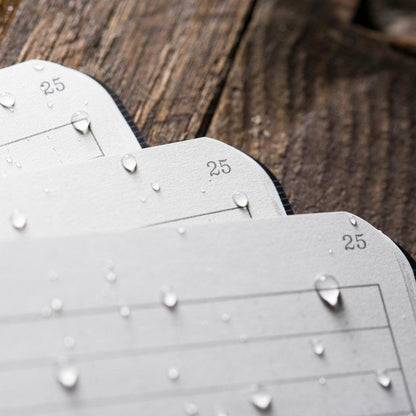 A close-up of the Rite in the Rain Notebook, showing water droplets on the pages against a wooden background.