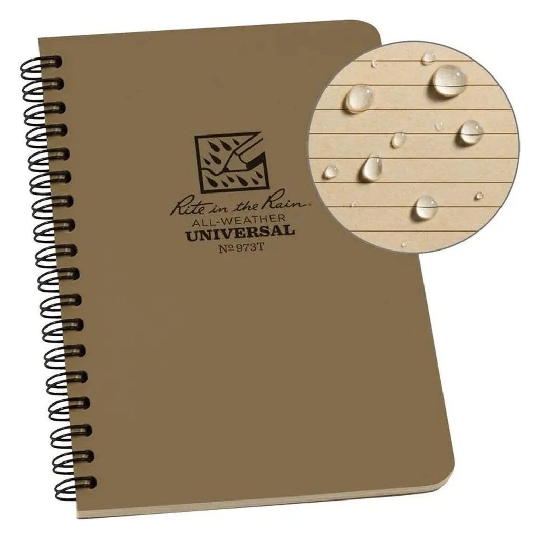 Side view of the Rite in the Rain black side spiral notebook showing water droplets on the lined pages.
