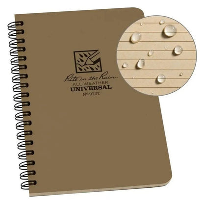 Side view of the Rite in the Rain black side spiral notebook showing water droplets on the lined pages.