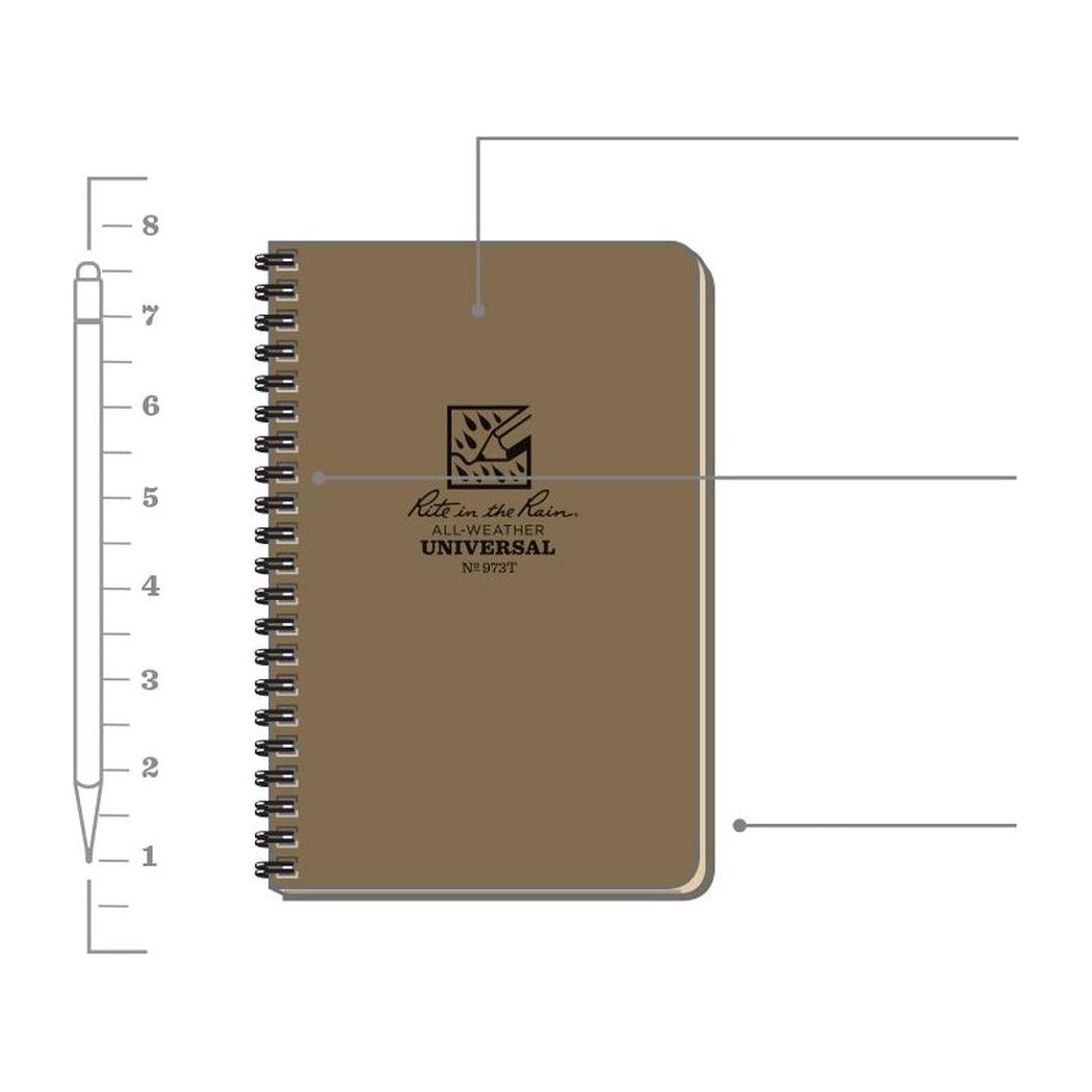 A front view of the Rite in the Rain Side Spiral Notebook 4 5/8 x 7 in Black showing the spiral binding and logo against a white background.