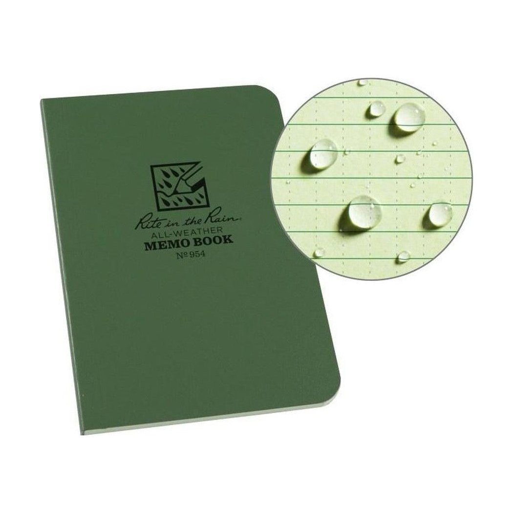 A side view of the Rite in the Rain Soft Cover Book in Black showing water droplets on the lined pages.