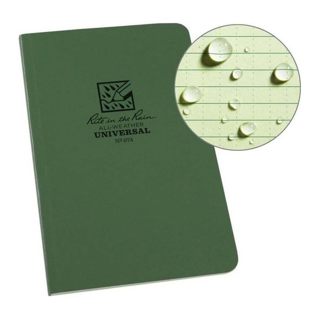 A green Rite in the Rain Soft Cover Book with a close up of water droplets on the paper.