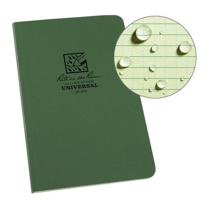 A green Rite in the Rain Soft Cover Book with a close up of water droplets on the paper.