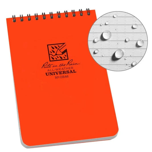 A top view of the Rite in the Rain Top Spiral Notebook 4 x 6 in Black showing the spiral binding and a close-up of water droplets on the paper.