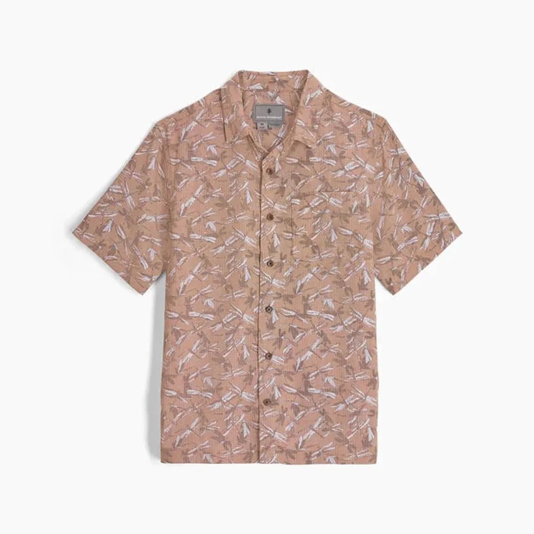 Short sleeve Royal Robbins Men's Camino Pucker shirt in Freshwater Botanist Pt with a leaf pattern, shown flat against a white background.