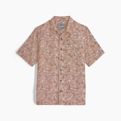 Short sleeve Royal Robbins Men's Camino Pucker shirt in Freshwater Botanist Pt with a leaf pattern, shown flat against a white background.