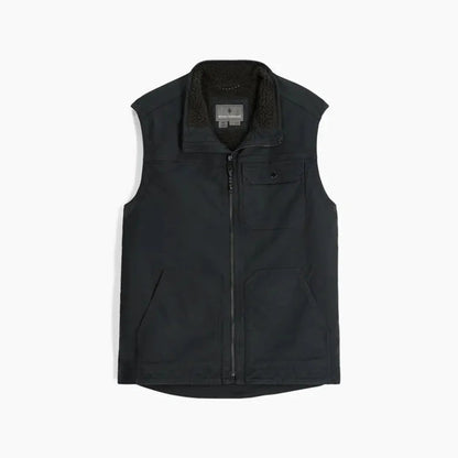 A front view of the Royal Robbins Men's El Cap Canvas Vest in Granite with a zip front and two front pockets against a white background.