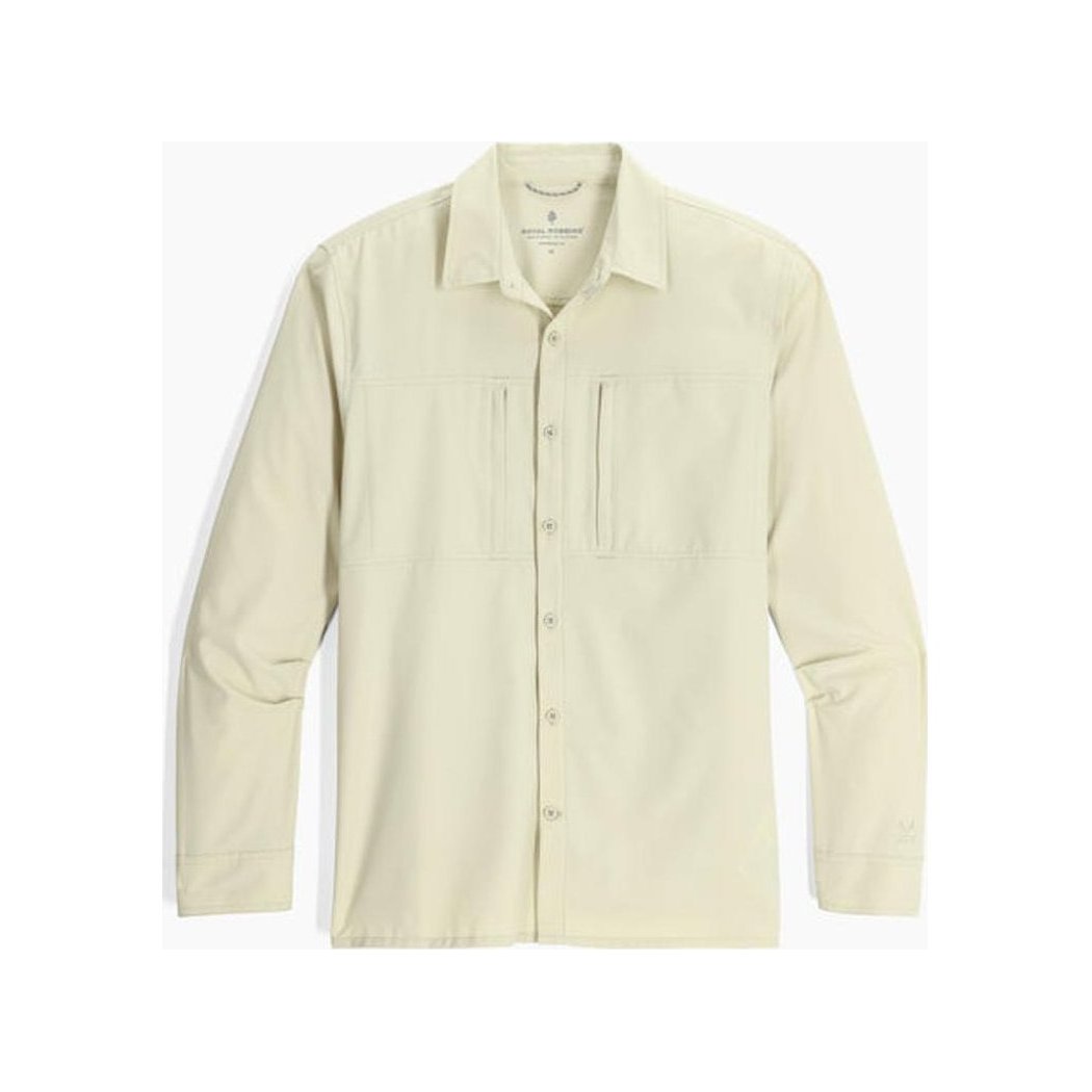 A front view of the Royal Robbins Men's Expedition III Long Sleeve in Everglade showing the chest pockets and button front against a white background.
