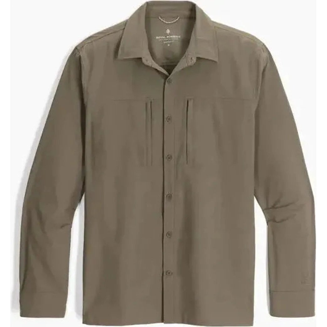 A front view of the Royal Robbins Men's Expedition III Long Sleeve Everglade shirt with chest pockets and a white background.