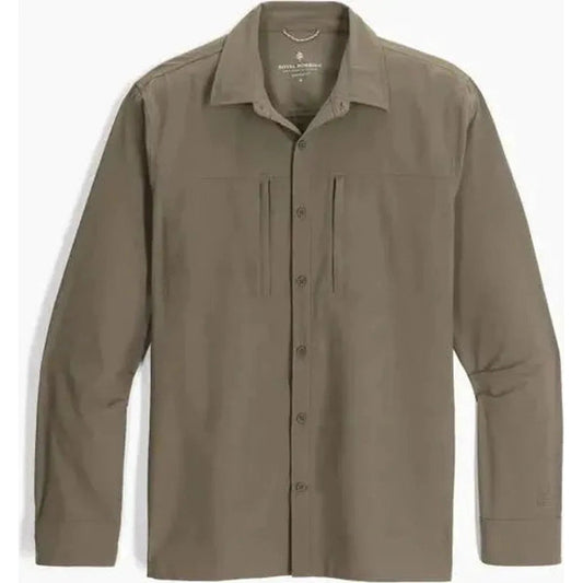 A front view of the Royal Robbins Men's Expedition III Long Sleeve Everglade shirt with chest pockets and a white background.