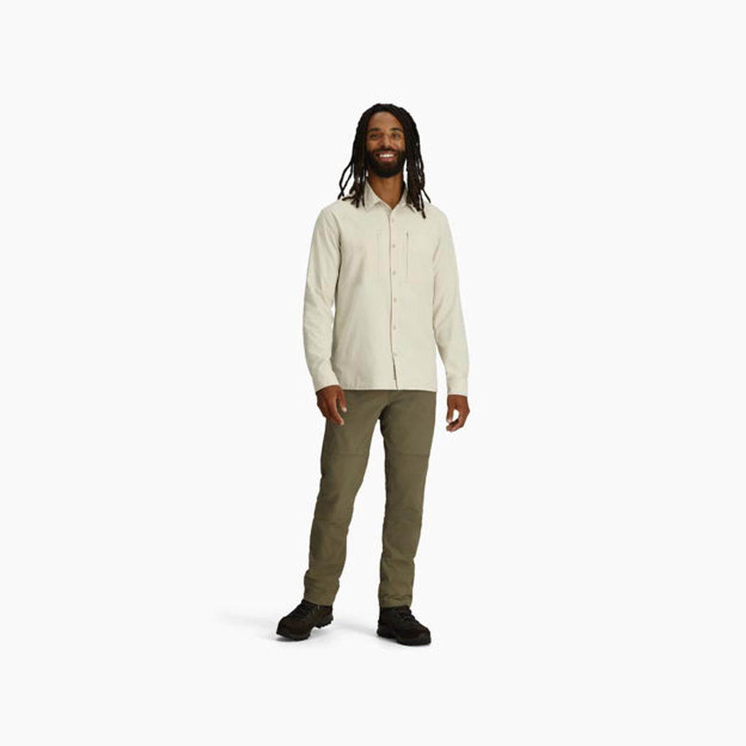 A front view of the Royal Robbins Men's Expedition III Long Sleeve in Everglade on a model against a white background.