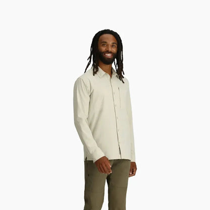 A front view of the Royal Robbins Men's Expedition III Long Sleeve in Everglade on a model against a white background.