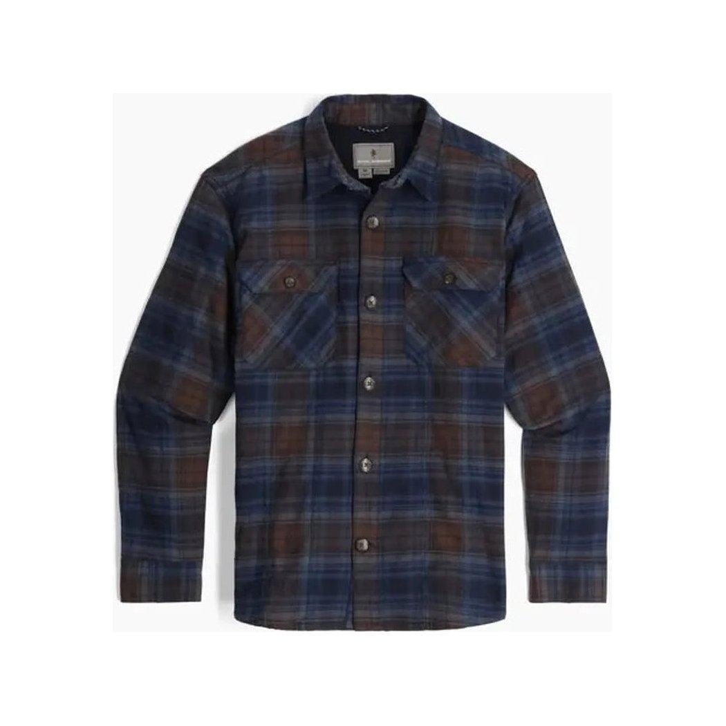 A front view of the Royal Robbins Men's Snowcap Lined Flannel in Navy Tioga Plaid showing the button front and chest pockets against a white background.